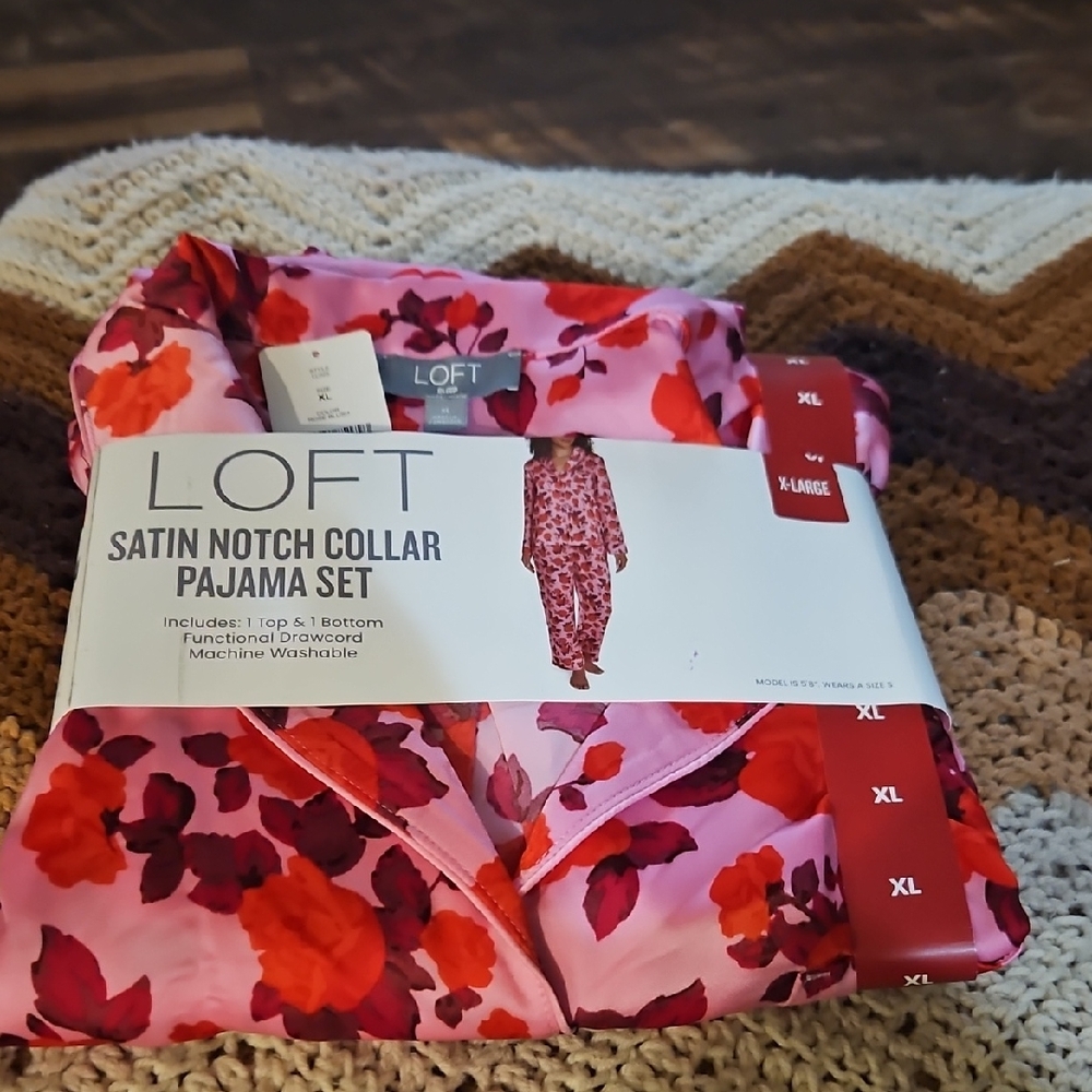 LOFT Floral Satin Notch Collar Pajama Set - Red and Pink